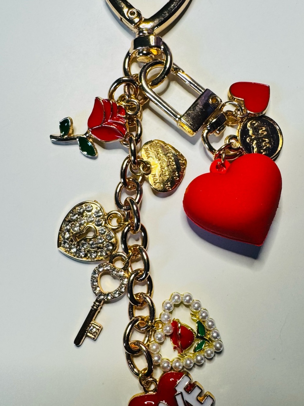 Gold-Tone Red Heart Charm for keys or purse with Rose, Key and Pearl Accents